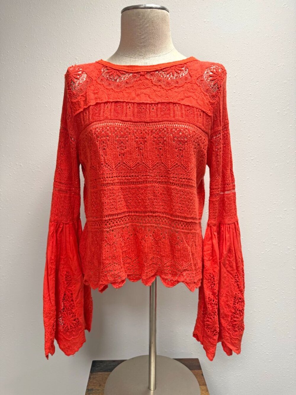 Free People Once Upon A Time Lace Crochet Bell Sleeve Top - Picture 5 of 14